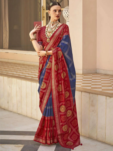 Beautiful Dark Blue And Red Silk Patola Festival Wear Saree With Blouse